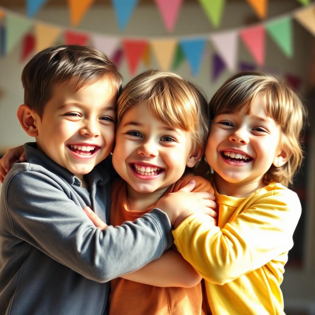 Three laughing kindergarten children